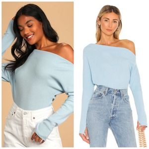 NEW Free People Fuji Light Blue Off-the-Shoulder Long Sleeve Thermal Top